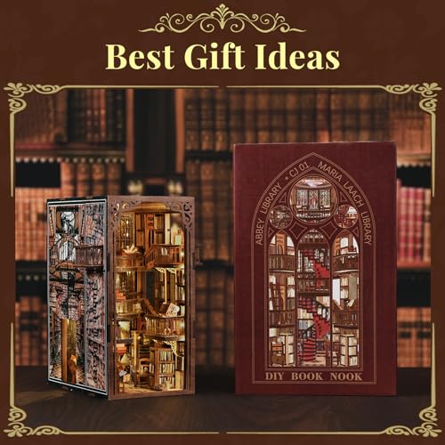 CCCDF Abbey Library Book Nook Kit, Ancient Vintage Bookshelf Insert Decor with LED Lights, Dust Cover, 3D Wooden Puzzle Craft for Adults - style: Abbey Library