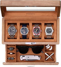 ROTHWELL 4-Slot Solid Walnut Watch Box with Valet Drawer - Premium Jewelry Display Case Organizer with Locking Glass Top and Microsuede Liner for Men & Women (Tan Interior) - color: Walnut / Tan