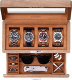 ROTHWELL 4-Slot Solid Walnut Watch Box with Valet Drawer - Premium Jewelry Display Case Organizer with Locking Glass Top and Microsuede Liner for Men & Women (Tan Interior) - color: Walnut / Tan