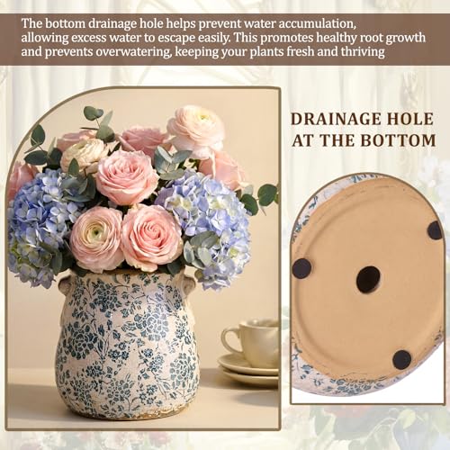 Ceramic Scroll Planter 6.5 Inch Chinoiserie Floral Vase with Drainage Holes Vintage Flower Vase Flower Pot Rustic Ceramic Pots for Indoor Plants Garden Home Bookshelf Decor(Indigo Blue) - style: Indigo Blue