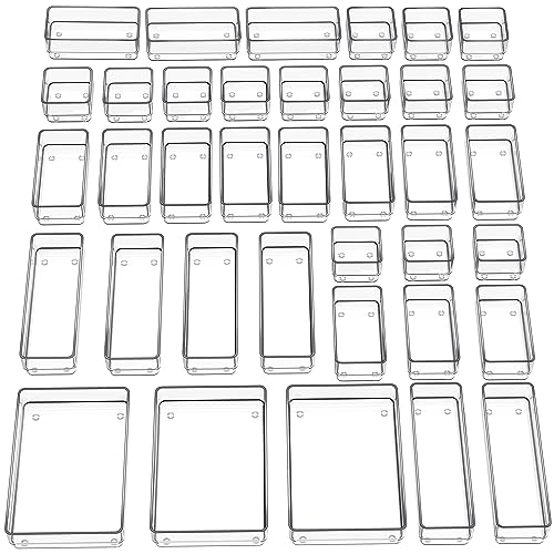 SMARTAKE 37-Piece Drawer Organizer with Non-Slip Silicone Pads, 4-Size Desk Drawer Organizer Trays Storage Tray for Makeup, Jewelries, Utensils in Bedroom Dresser, Office and Kitchen (Clear) - style: 37 PCS