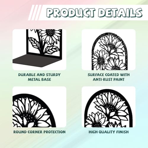 Peacoblue Metal Bookends for Shelves, Modern Decorative Heavy Duty Study Book Support Stoppers for Office, Desk, Shelf, Room 5.3"x4.3"x7.9" Cast Iron Simple Tall Bookends, 1 Pair (Sunflowers) - style: Sunflowers