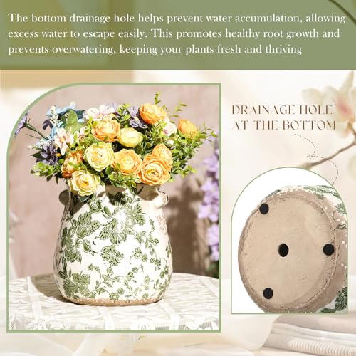 Ceramic Green Scroll Planter 6.5 Inch Chinoiserie Floral Vase with Drainage Holes Vintage Flower Vase Flower Pot Rustic Ceramic Pots for Indoor Plants Flowers Garden Home Bookshelf Decor - style: Green Floral