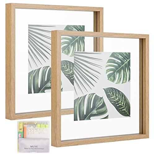 MUYE 12x12 Floating Frame Set of 2,Double Glass Rustic Square Photo Frame,Display Any Size Photo up to 12x12,Wall Mount or Tabletop Standing Natural - color: Natural, size: 12x12