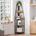 Gemfueque Versatile 66-Inch Tall Corner Shelf, 5-Tier Ladder Bookshelf, Easy Assembly Black Metal Frame Wood Shelf for Living Room, Bedroom, Home Office