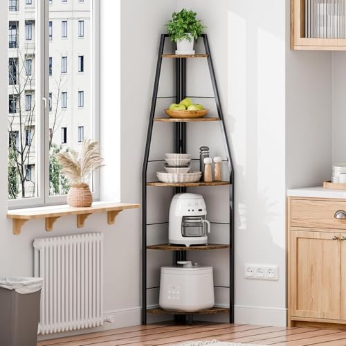 Gemfueque Versatile 66-Inch Tall Corner Shelf, 5-Tier Ladder Bookshelf, Easy Assembly Black Metal Frame Wood Shelf for Living Room, Bedroom, Home Office