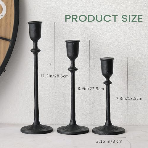 BANOMII Antique Candlestick Holders Set of 3, Cast Iron Taper Candle Holder for Dining Table Centerpiece, Fireplace Mantel Decor, Vintage Tall Candle Stands, Christmas Decorations, Matte Black - color: Black