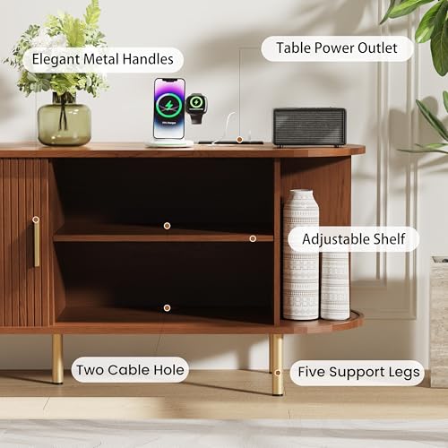DHH 55 Inch Mid Century Modern TV Stand with Power Outlet for TVs up to 60 Inch, Entertainment Center with Storage and Adjustable Shelves, Media Console with Sliding Doors for Living Room(Walnut) - color: Walnut, size: 55 Inch
