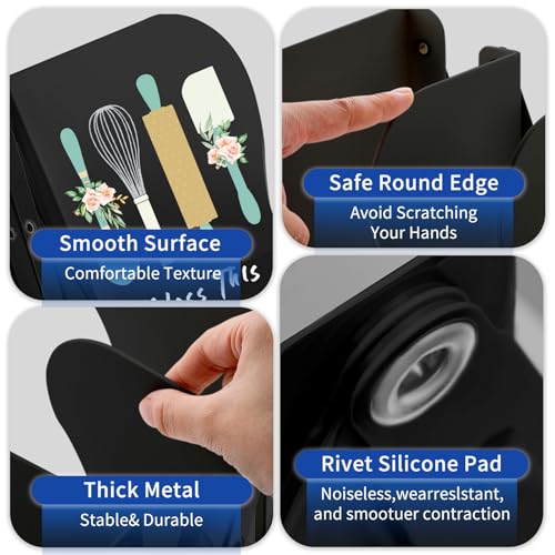Cookbook bookends, Kitchen bookends, Adjustable Metal Book Ends for Shelves Decorative Unique Design for Heavy Books,Non-Skid Book Holder for Kitchen Housewarming Cooking Lover Gifts (Black 2) - color: Black 2