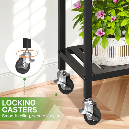 KMOTASUO 2 Tier Black Tall Plant Stand with Wheel for Indoor Outdoor, Heavy Duty Metal Multiple Large Planter Rack for Narrow Corner, Sturdy Iron Vertical Flower Holder for Modern House Patio Bathroom - color: Standard Black, size: 2 Tier