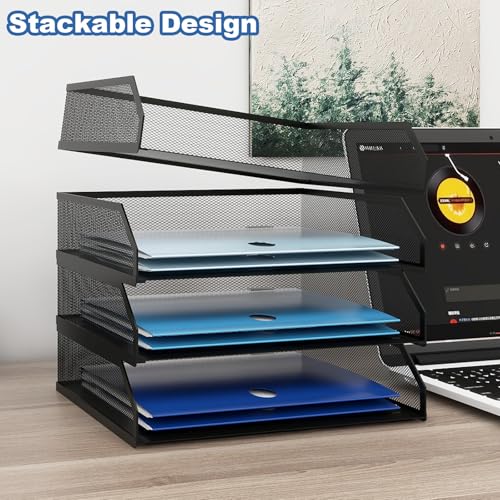 Natwind 4-Tier Stackable Paper Tray, Metal Mesh Desktop Organizer, A4 Paper Sorter, Letter Trays,File Folder Sorter Organizer with Sliding Tray for Home, Office, School (Black) - size: 4 Tier