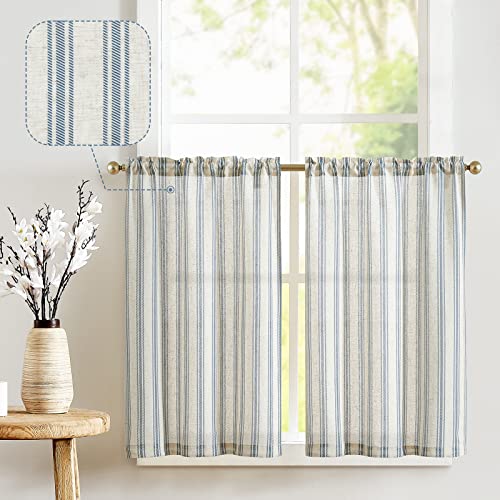jinchan Linen Kitchen Curtains Striped Tier Curtains 24 Inch Farmhouse Small Drapes Balanced Stripe Half Window Light Filtering for Bathroom Laundry 2 Panels Blue on Linen - color: Striped Blue on Linen, size: 26"W x 24"L (Pack of 2)