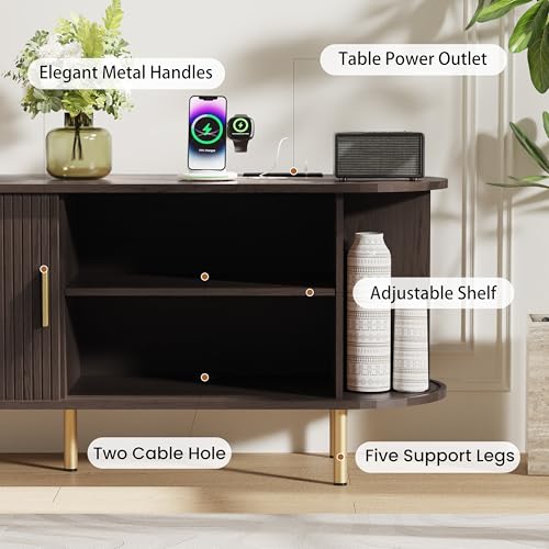 DHH 55 Inch Mid Century Modern TV Stand with Power Outlet for TVs up to 60 Inch, Entertainment Center with Storage and Adjustable Shelves, Media Console with Sliding Doors for Living Room(Dark Walnut) - color: Dark Walnut, size: 55 Inch