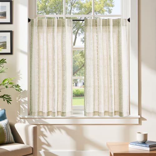 jinchan Boho Kitchen Curtains 24 Inch Linen Tier Curtains with Geometric Pattern Bohemian Cafe Small Light Filtering Window Treatment for Living Room RV Back Tab 2 Panels Green on Linen - color: Liora | Green on Linen, size: 26"W x 24"L (Pack of 2)