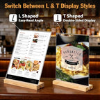 xydstay 2pack 8.5x11 Acrylic Sign Holder with Wood Base for Picture Frames,L/T Shape Double Slot Design for Vertical or Slant Back Display, for Restaurant, Office, School, Store and Home Use - size: 2 pack