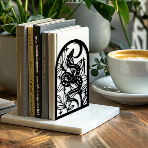 Peacoblue Metal Bookends for Shelves, Modern Decorative Heavy Duty Study Book Support Stoppers for Office, Desk, Shelf, Room 5.3"x4.3"x7.9" Cast Iron Simple Bookends, 1 Pair (Bohemia Snake and Flower) - style: Bohemia Snake and Flower