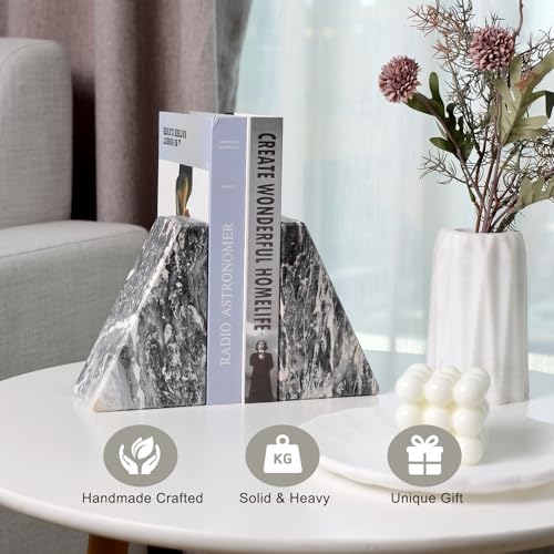 Koville Marble Bookends for Shelves, Large Bookends for Heavy Books, Natural Stone Book Stopper for Books CD Movies, Aesthetic Decorative Book Ends (Grey) - color: Gray