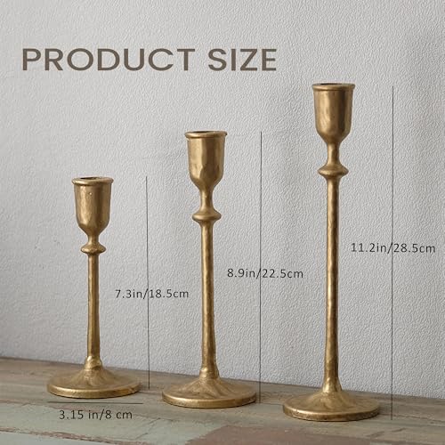 BANOMII Antique Brass Candlestick Holders Set of 3, Cast Iron Taper Candle Holder for Dining Table Centerpiece, Wedding, Fireplace Mantel Decor, Vintage Tall Candle Stands, Christmas Decorations - color: Brass Gold