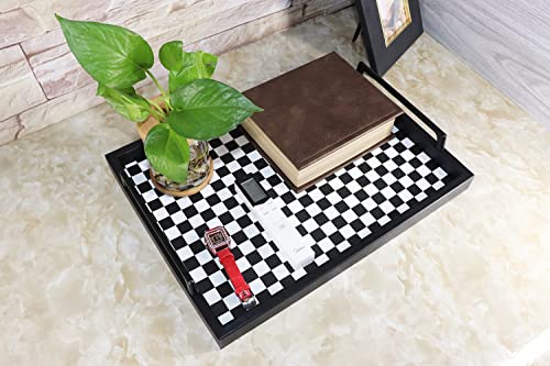 MCBZ Living Room Coffee Table Decorative Tray, Food Service Tray, Leather Ottoman Tray,with Metal Handles 16.5 x 12.6 in (Black and White Grid) - color: Black/White Checkerboard