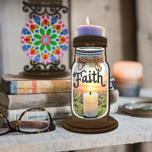 ARTopet DIY Diamond Art Painting Candlestick Holders Wooden Desk Candle Holder Ornament Double Sided Diamond Tabletop Ornaments for Home Decor-Faith - color: Faith
