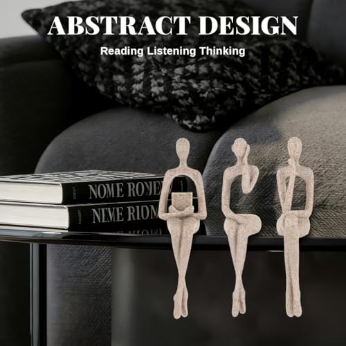 3Pcs Sandstone Resin Thinker Statue Accents Reading Women Sculptures, Abstract Art Ornament,Modern Neutral Home Decoration for Living Room Office Shelf Table Desk Bookshelf Décor