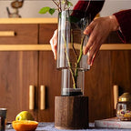 Artistic Wood Glass Vase, 10" H, Wooden Base Cylindrical Flower Vase, Classic Boho Rustic Style for Fireplace Bedroom Kitchen Living Room Centerpieces Office Desk
