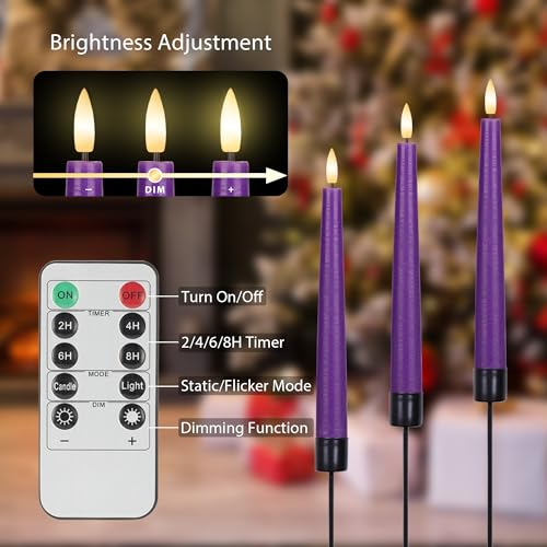 Purple Flameless Taper Candles with 3D Wick, 9.6" Real Wax LED Candles with Remote, 3 Pack Flickering Candlesticks Battery Operated, Classic Tall Taper Candle for Home, Wedding, Party - color: Purple
