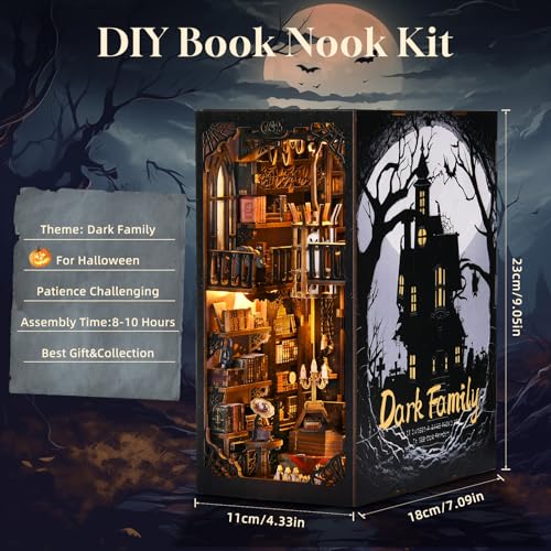 Book Nook Kit, Book Nook Kits for Adults DIY Booknook Model Build, DIY 3D Wooden Puzzle Bookend Booknook Bookshelf Insert Miniature Dollhouse Kit for Home Decoration - style: Dark Family