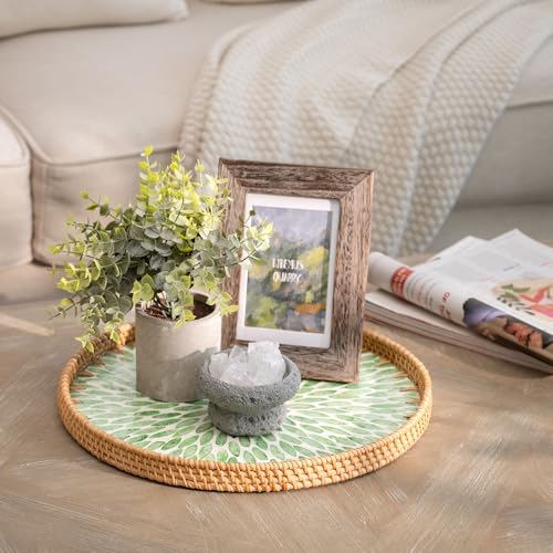 StorageWorks Decorative Coffee Table Trays for Home Decor, Round Rattan Tray with Mother of Pearl Inlay, Large Wicker Woven Serving Tray Decor for Kitchen Counter,Living Room and Ottoman, Green - color: Green Leaf, size: 13.4"
