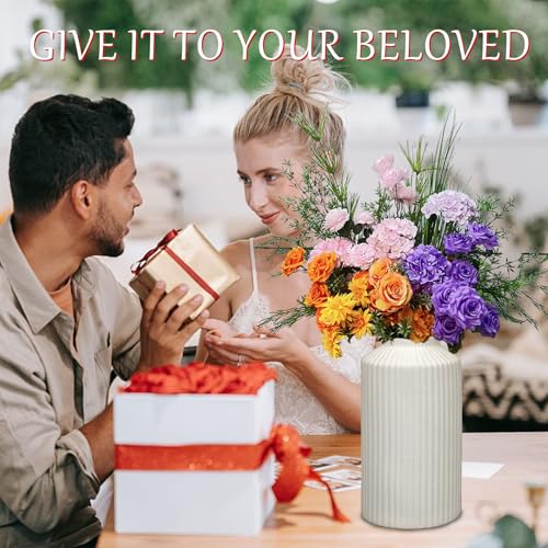 White Ceramic Vase for Flowers - 7.9 Inch Matte Ribbed Modern Vase, Weighted 1.4lb Base & Waterproof Pottery for Pampas Grass, Minimalist Farmhouse Decor for Table Centerpiece Bookshelf