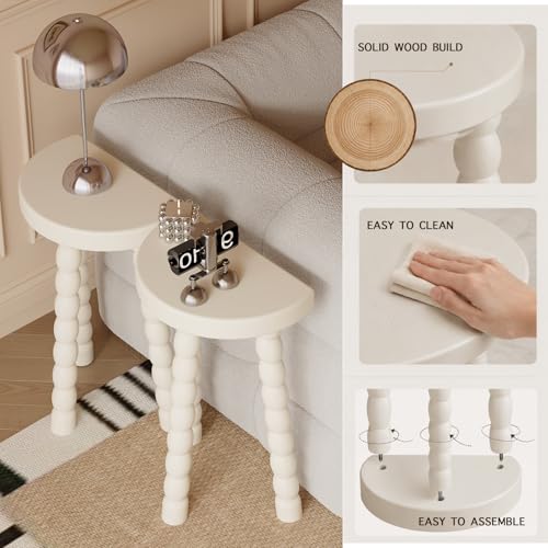 LitaEther Bobbin Side Table, Solid Wood Half Moon End Table, Small Wooden Accent Table with Chunky Turned Legs, Plant Stand for Living Room Bedroom Entryway, Modern Farmhouse Bedside Table, White - color: White
