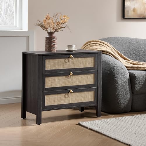 SICOTAS Night Stand with Drawers, Large Rattan Bedside Table with Golden Handle, 3 Drawers Nightstand Tall End Table Side Table Boho Nightstand for Bedroom - color: Obsidian
