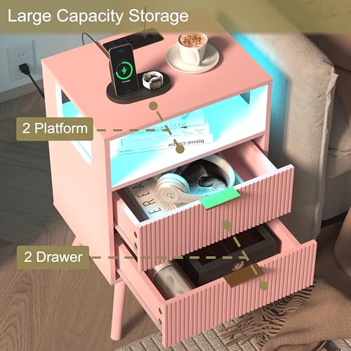 JOONEE Pink Nightstand with Charging Station and LED Lights,Modern Bedside Table with 2 Storage Drawer and Open Wood Shelf, for Bedroom and Small Spaces,Night Stand with Solid Wood Legs,Pink - color: Pink