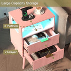 JOONEE Pink Nightstand with Charging Station and LED Lights,Modern Bedside Table with 2 Storage Drawer and Open Wood Shelf, for Bedroom and Small Spaces,Night Stand with Solid Wood Legs,Pink - color: Pink