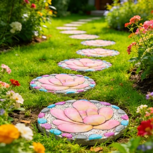 Succulent Pattern Cement Stepping Stones - Garden Stepping Stones Outdoor Pavers for Outside Walkway Gifts for Grandma Garden Stones Decorative Sculpture Yard Art 0.75 * 10 * 10 Inch - color: purple