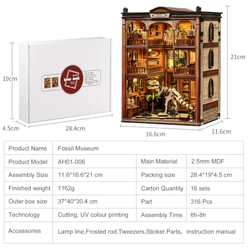 DIY Book Nook Kit, 3D Wooden Puzzle Miniature House Kit with LED Light, Dinosaur Fossil Museum Bookend Dollhouse, Creative Arts & Crafts Project for Adults and Teens Age 14+ (Fossil Museum)
