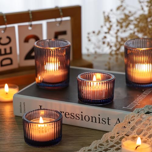 SUPMIND 24 Pcs Ribbed Votive Candle Holders, Dark Blue Glass Holders Bulk for Table Centerpiece, Tealight Holders Glass for Wedding Shower, Party and Home Decor - color: Dark Blue