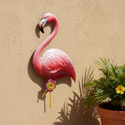 Large Pink Flamingo Wall Decor-Tropical Bird Decor for Indoor Outdoor, Metal Flamingo Outdoor Wall Art Decor Rust-Resistant, Wall Hanging Present for Garden & Home Decor - color: Pink-Flamingo