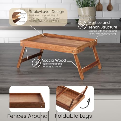 Fibogollo Acacia Wood Bed Tray Table with Folding Legs,Breakfast Trays with Built-in Handles,Serving Tray for Food and Snack,Laptop Trays for Working