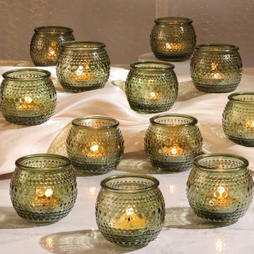 32 Pcs Green Votive Candle Holders, Round Glass Tea Lights Holder with Polka Dot Embossed, Vintage Candle Holder for Weddings, Home Decor, Baby Shower, Special Occasions - color: Green