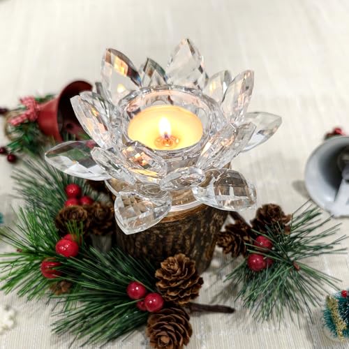 Crystal Lotus Flower Tealight Candle Holders, 2 Packs, K9 Crystal Material, Candlestick Decor, Glass Tealight Candlestick, Christmas Home Decoration - color: Clear-2pcs