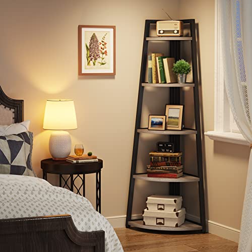 Tribesigns 70 inch Tall Corner Shelf, 5 Tier Industrial Corner Bookshelf Bookcase Industrial Corner Ladder Shelf Plant Stand for Living Room, Kitchen, Home Office (Grey) - color: Grey