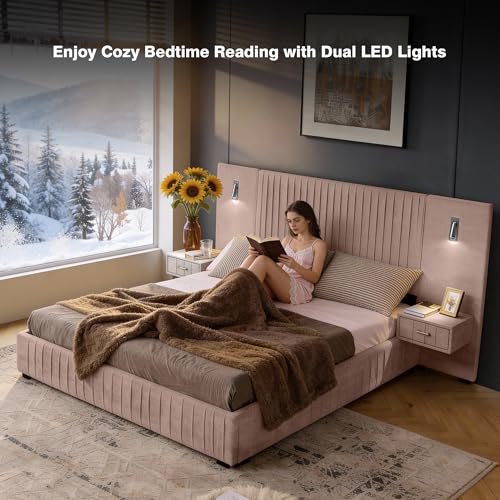 Luxury Queen Size Bed Frame with Oversized Upholstered Headboard, Modern Chenille Upholstered Platform Bed Frame with Gold LED Lights, Nightstands, No Box Spring Needed, Pink - color: Pink, size: Queen
