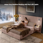 Luxury Queen Size Bed Frame with Oversized Upholstered Headboard, Modern Chenille Upholstered Platform Bed Frame with Gold LED Lights, Nightstands, No Box Spring Needed, Pink - color: Pink, size: Queen