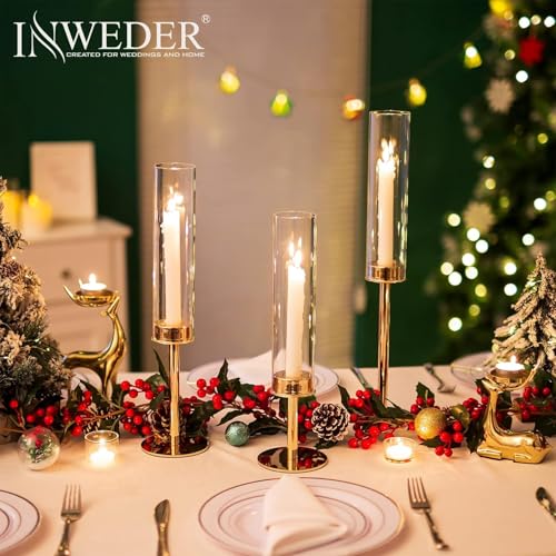 Hurricane Taper Candle Holders: Set of 18 Gold Glass Candlestick Holder Bulk Tall Candle Sticks Holder Decor with Glass Cover for Wedding Table Centerpiece Party Birthday Christmas Mantel - color: Gold, size: 6 Sets(18 Pcs)