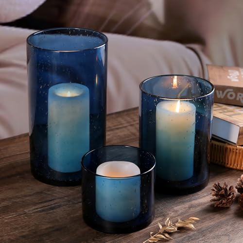 Large Hurricane Candle Holder Set of 3 Blue Candle Holders for Pillar Candles, Seeded Bubbles Glass Candle Holder, Blue Glass Cylinder Vases for Table Centerpieces, Home, Patio and Wedding 10"7"4"H - color: Blue, size: Large