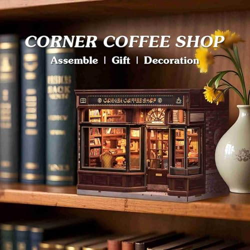 Fsolis Book Nook Kit - DIY 3D Wooden Puzzles for Adults Coffee House with Cat Diorama Booknook Bookstore Mini House Building Kit Gifts for Women Readers Book Lovers (Corner Coffee Shop) - style: Corner Coffee Shop