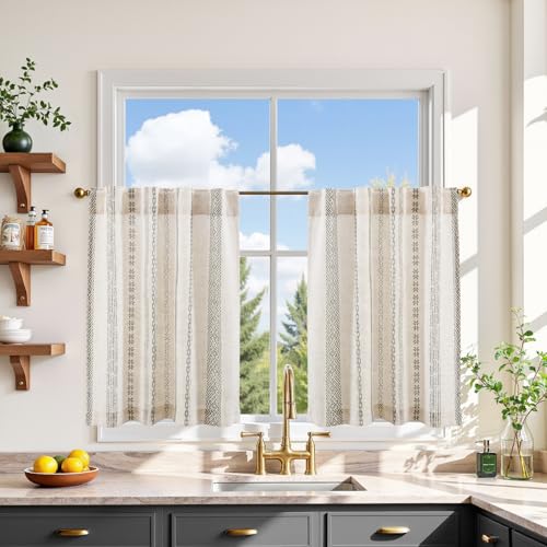 jinchan Boho Kitchen Curtains 24 Inch Grey Linen Tier Curtains with Geometric Pattern Bohemian Cafe Small Light Filtering Window Treatment for Living Room RV Back Tab 2 Panels Grey on Linen - color: Liora | Grey on Linen, size: 26"W x 24"L (Pack of 2)