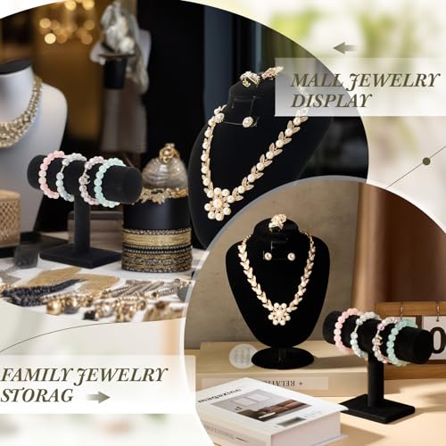 RattanView 2 Pcs Black Velvet Jewelry Display Set Necklace Mannequin Bust Stand T Bar Bracelet Holder for Retail Home Decor - color: Black