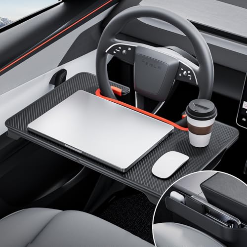 YONZEE 2-in-1 Car Steering Wheel Desk Tray & Car Seat Gap Filler Organizer – Foldable Carbon Fiber Look Table for Laptop, Eating, Writing – for Standard Round Steering Wheels - color: Orange